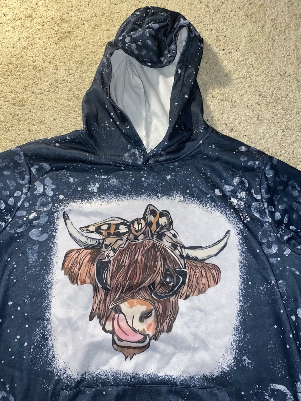 Rare Pop Art Cow Girl Womens Size 2XL Unique Hoodie Sweatshirt Blue Bonnet Top